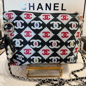 CHANEL Black & White Logo Pattern Crossbody Bag